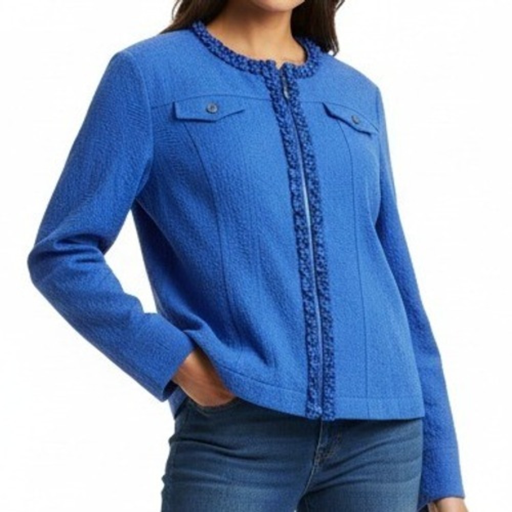 Ruby Rd Women Ruffle Trim Zip Front Jacket Cotton Blend Blue Office Size 16